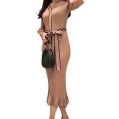 SNIDEL スナイデル Sustainable フロントボタンニットワンピース ドレス ロングワンピース マーメイド バイカラー ストレッチ Vネック ベージュ ブラック 黒 サイズF レディース 春 ゴーゴー古着久喜倉庫店 23 No.740