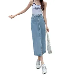 ☆ ブルー ☆ M ☆ デニムスカート レディース ロング フロントスリット おしゃれ デニムスカート ロング ロングスカート スカート デニム ボトムス ミモレ丈 ロング丈 デニムスカート スリット ストレート ひざ下 膝下 シンプル 無地 通勤 通学