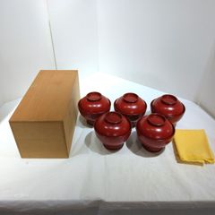 未使用 朱塗り 漆器 蓋付き大椀 5客セット 木箱入り 和食器 ラーメン／うどん椀にも◎ A381