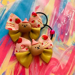 23 リボン　スイーツ　ヘアアクセサリー　ヘアゴム　いちご　くま　ピンク　女の子　キッズ　子供　おしゃれ　誕生日　プレゼント　クリスマス　保育園　幼稚園　小学生