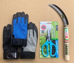 【お庭作業特価セット！選べる鋸鎌・収穫鋏+汗でムレない手袋3双セット！】  八八鎌・目盛り付き収穫鋏  ND-70  165mm+合成皮革手袋(各色1双)  3双組　計5点セット