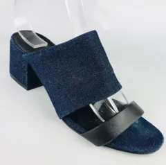 良品★3.1 Phillip Lim・スリーワン フィリップリム レディース レザー デニム地 チャンキーヒール サンダル (36) ブランド レディース 靴 ダークブルー 太ヒール インディゴのサムネイル