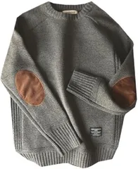 aspersio エルボーパッチ ニット 丸首 セーター 長袖 トップス メンズ ストリート クルーネック お洒落 メンズセーター グレー(ムーングレイ,  2XL)