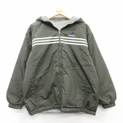 M/古着 アディダス adidas 長袖 ナイロン ジャケット パーカー メンズ 90s ビッグロゴ 刺繍 リバーシブル 緑他 グリーン 3本ライン 25feb20