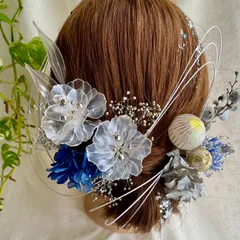 髪飾り　ディップフラワー　アメリカンフラワー　ドライフラワー　ブルー　青　シルバー　金箔付　水引付　結婚式　卒業式　成人式　前撮り　ブライダル  ウェディング  着物　和装　ディップアート