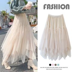 チュールスカート レディース スカート お花見 桜 さくら 不規則 ロングスカート フレアスカート マキシ ウエストゴム フリル ボリューム