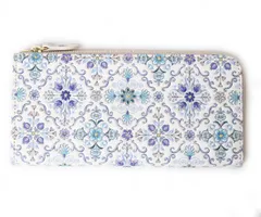 [浅草文庫] L字ファスナー 長財布 オリエント 柄 スリム 財布 サイフ 革 友禅染 江戸小紋 ブルー [ブルー]