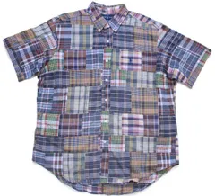 00s ラルフローレン CLASSIC FIT マドラスチェック パッチワーク ボタンダウン 半袖 コットンシャツ XL★インド綿 オールド ロゴ刺繍