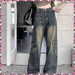 送料無料 ウォッシュデニムカーゴパンツ レディース ブリーチデニムパンツ メンズライクジーンズ ストリート系 体型カバーボトムス 美脚脚長 着やせ セミワイドデニム 韓国風ヴィンテージ古着風