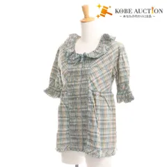 ■ ピンクハウス ブラウス 半袖 トップス チェック フリル リボン レディース グリーン系