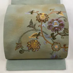 【美品】 袋帯 秀品 花唐草 金糸 刺繍 灰緑 六通 正絹 【中古】