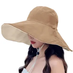 30.0 cm_カーキ [CANFEEL] 帽子 UVカット レディース 日よけ帽子 両面使えるハット つば広 小顔効果 折りたたみ あご紐 風で飛ばない コットン素材 おしゃれ 可愛い ハット 女優帽 春夏季 海 旅行 外出 (カーキ)