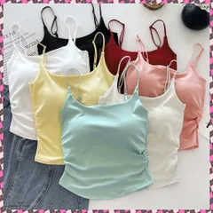 カップ付きキャミソールサイドシャーリング 無地レイヤードコーデ夏服 ノンワイヤーブラトップ 細ストラップキャミ サイドギャザー薄手 ベのサムネイル