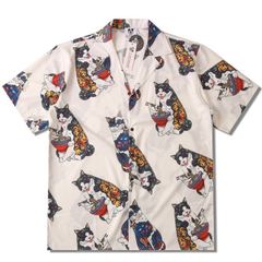 アロハシャツ 和柄 猫 柄シャツ 半袖 浮世絵 刺青 ねこ 開襟 S M L