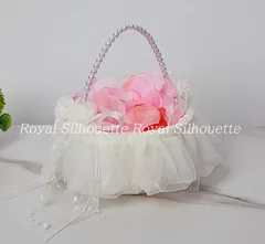 かご 花かご ホワイト 白 レース パール ウェディング 子供 結婚式 手提げ 丸型 布製 リボン飾り イベント パーティー 小物 フラワーガール リングボーイ 花びら入れ 指輪用 リングピロー