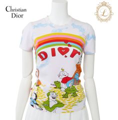 【返品可】Dior ディオール ガリアーノ Tシャツ 半袖 カットソー サイズ38 コットン 白×マルチカラー　　レディース レディースアパレル ハイブランド【中古】【送料無料】