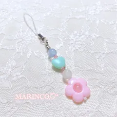 フラワービーズストラップ／ピンクブルー(NO.383)