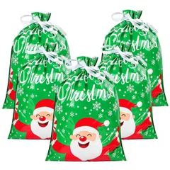 CINECE クリスマス ラッピング 袋 包装袋 リボン付き パーテイー用 グリーティングバッグ ロープ プレゼント用 5枚 44x60cm グリーン