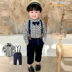 【フォーマル４点セット 男の子】チェック柄　送料無料（パンツ・シャツ・蝶ネクタイ・サスペンダー）おしゃれ　スーツ　肌触り良い　紳士服　 写真集　誕生日　入園入学式　結婚式　卒業式　パーティー　お宮参り　お祝い80,90,100,110,120,130cmギフト