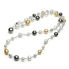 美品 パールマルチカラーネックレス 白蝶真珠 黒蝶真珠 14～8ミリ 81cm ロングタイプ 81g シルバー ソーティング付