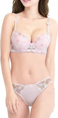 Chica Hurra レディース ブラジャー ショーツ 上下 セット ブラショーツセット ブラジャーショーツセット 花柄 刺繍 女性 下着 清楚 3/4 カップ(ピンク,  F80)