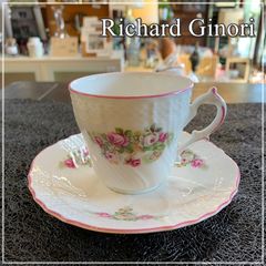 ジノリ1735／リチャードジノリ カップ＆ソーサー 1客 アンティーク ハガレ有 GINORI 1735／Richard Ginori イタリア製 フラワー 花柄 ピンク ローズ バラ 廃盤 【ME1031-1】