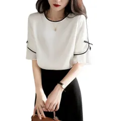 ☆ ホワイト ☆ XLサイズ ☆ ブラウス 白シャツ オシャレ ブラウス 白シャツ 半袖 レディース シャツブラウス シャツ レディースブラウス レディースシャツ リボン プリーツ切り替え オフィスカジュアル かわいい 可愛い トップス ゆったり 大人