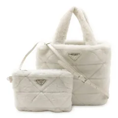 PRADA プラダ トライアングルロゴ トートバッグ 2WAY ショルダーバッグ ムートン ファー BIANCO ホワイト ポーチ付き 国内ブティック購入品 1BG378