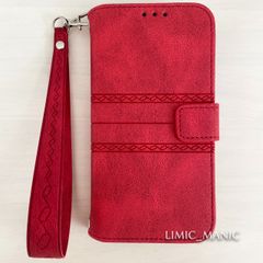 iPhone 13 / 14 スマホ ケース 手帳型 ショルダー 肩掛け 紐付き ストラップ レザー調 エスニック柄 レッド 赤