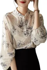 J-Scott 絵画風フラワープリントブラウス ノーカラー パフスリーブ シースルー JS46-IV-L(アイボリー,  L)