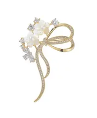 【特価】パール天然貝殻桜花のブローチジルコンリボン花コサージュ結婚式卒業式卒園式入学式の胸飾り花 母の日記念日お誕生日クリスマスなどの女性へのプレゼントギフトケース付き