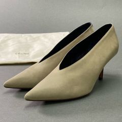 1e12 CELINE セリーヌ フィービー期 Vネック ポインテッドトゥ スエードパンプス 37 グレージュ レザー シューズ ブーティ 保存袋有
