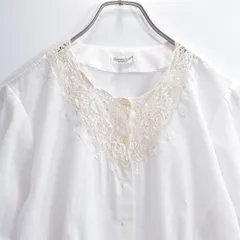 90s〜 Hana no Blouse ハナノブラウス 刺繍入り レース切替 パフスリーブ 半袖 ブラウス デザインシャツ オフホワイト ベージュ ヴィンテージ ビンテージ レトロ 古着 レディース XS相当