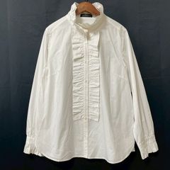 Drawer コットンシルク フリル ストライプ ノーカラー ブラウス 36 白