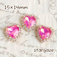 【 3個 】 15×14mm ガラス製 ハート センターパーツ ストーン ビジュー カボション ピンクオパール×ゴールド