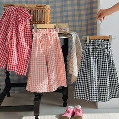 チェックロングパンツ【110-130】2色　女の子　ワイドパンツ　リボン　秋