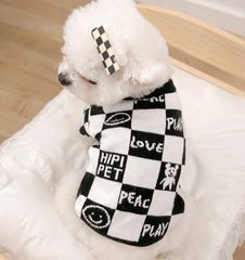 【閉店セール全品半額】ブロックチェック柄ニット　セーター　ニコちゃん　白黒　モノトーン　犬服