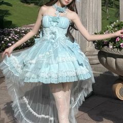 パステル　グリーン　ブルー　天使系ロリータ ワンピース ドレス  フリル 高低差スカート リボン付き 甘ロリ 撮影衣装 フォーマル ゴシック風　ロリータ　ロリィタ　界隈　渋谷　原宿　ドレス　コンカフェ　推し活　コスプレ　姫系　サブカル