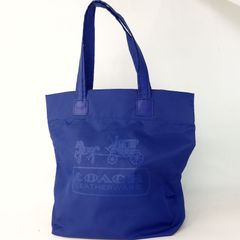【COACH】コーチ トートバック エコバッグ デカロゴ ブルー ナイロン レザー 肩掛け レディース【中古】8-3 41025