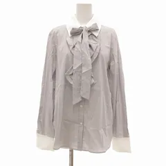 ザラ ZARA タグ付き ボウタイ フリルシャツ 長袖 ストライプ S グレー 白 ホワイト /UO