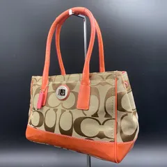 66 良品 COACH コーチ F13571 肩掛け トートバッグ シグネチャー キャンバス×レザー オレンジ×ベージュ ターンロック レディース 鞄