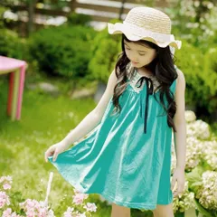 韓国子供服 レース襟デザインノースリーブワンピース タンクトップ フレア キッズ ミニワンピース ミント ライトブルー