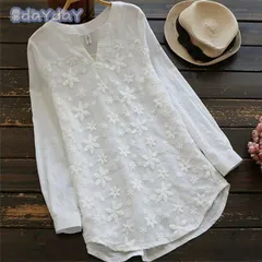 ブラウス レディース きれいめ 40代 春夏 上品 レース花刺繍ブラウス 白シャツ vネックトップス 長袖 オシャレ 風 大人 Tシャツ30代 50代