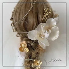 ヘッドドレス❤︎金箔付×水引×胡蝶蘭ベージュアイボリー×ゴールド成人式髪飾り卒業式