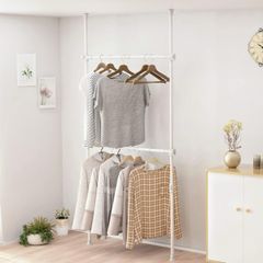 ハンガーラック2段 突っ張りラック 洋服ラックスリム服掛け 縦横伸縮 横80-120cm 縦110-310cm 頑丈 耐荷重70kg ワンタッチ突っ張り 衣類収納 ツッパリ部屋干し ラック 大容量 組立かんたん 工具不要 省スペース(ホワイト)