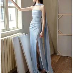 イブニングドレス ブルー 水色 サテン ドレス 結婚式ドレス 二次会ドレス パーティードレス 発表会ドレス タイト スリット入り オフショルダー ベアトップ ライトブルー ロングドレス 1030