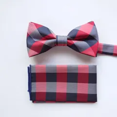 ①蝶ネクタイ　チーフ　セット　レッド　グレー　チェック　結婚式　タキシード