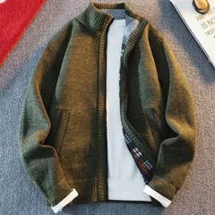 ニット　セーター　ジャケット　ジャンパー　メンズ?新品　裏フリース　トップス　長袖　秋冬　ジップアップダークグリーン