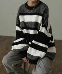 バーゲン 「ごめん。教えたくない」 ボーダー ニット レディース プルオーバー セーター トレーナー トップス 長袖 丸首 ライトニット ボーダーニット ぽわん袖 チュニック ざっくり 編み ゆったり ビッグ オーバー ケーブル ミックス 長め 白黒 春 夏