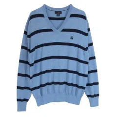 Brooks Brothers ブルックスブラザーズ 346 メリノウール100％ Vネック エンブロイダリー ワンポイント刺繍 ボーダー ニット セーター プルオーバー ブルー系 L【中古】